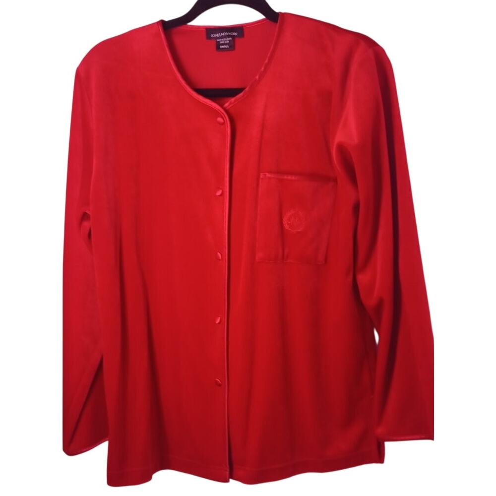 Jones New York Women's Red Velour Button Front Shirt Cardigan Y2K Holiday Small